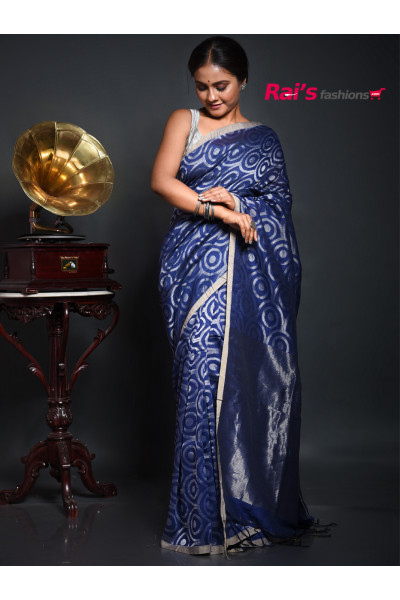 Organic Linen Saree With All Over Silver Zari Weaving Heavy Design Work And Fine Stripes Design Pallu (RAI201001721)